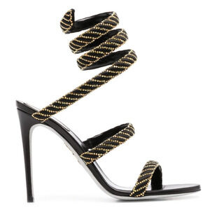 Rene Caovilla Cleo Black Sunshine Crystal Ankle Wrap Strap Sandal Heel Pump 37.5